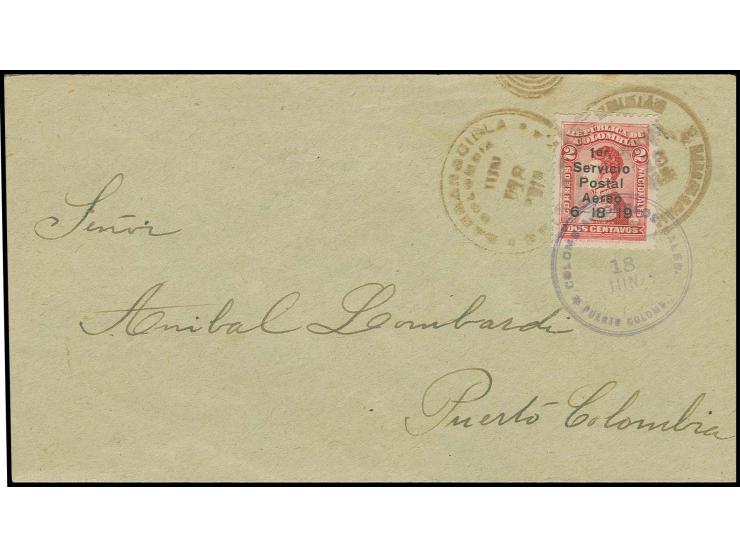 2 c. in excellent condition, tied by "BARRANQUILLA JUN 18 1919" to cover (opened on 2 sides) to Puerto Colombia with arrival 