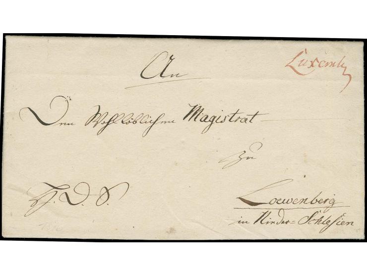 1816, "Luxemburg" handschriftlich in rot auf kpl. Dienstbrief des Chefs der 2. Kompagnie von Schönholz nach Loewenberg in Sch