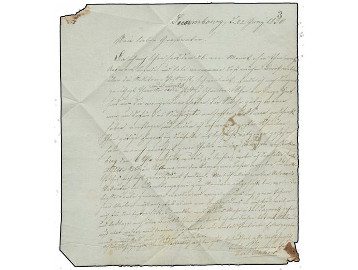  1830, Privatbrief des Soldaten Carl Bans mit rotbraunem EKr. der niederländischen Post "LUXEMBURG 25 JUNI" nach Burscheid be