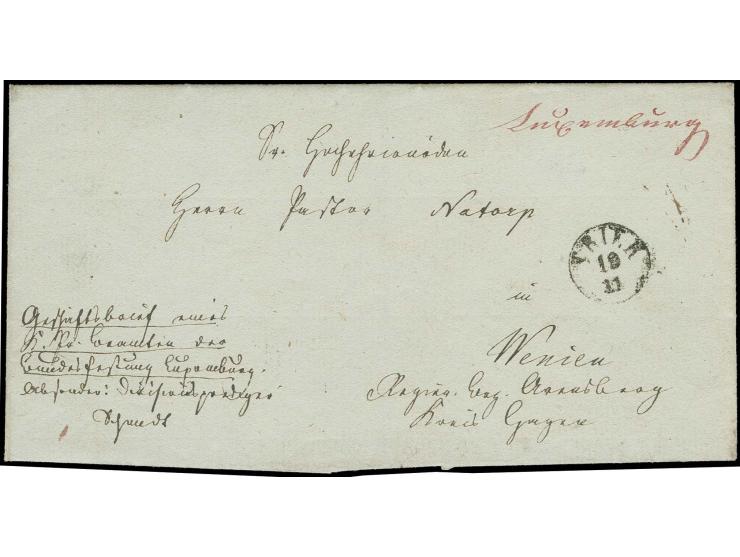  1835 (ca.), Briefhülle mit rotem Aufgabevermerk "Luxemburg" und handschriflichem Absendervermerk "Geschäftsbrief eines K. Pr