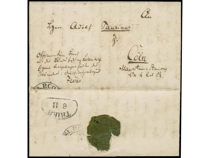  1847, kompletter Brief mit handschriftlichem Vermerk "Offizier-Fam. Brief aus der Bundesfestung Luxemburg ..." nach Köln mit