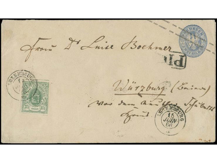  1866, Preußen-Ganzsachenumschlag 2 Sgr. mit zugeklebter Luxemburg 1859, 37½ Centimes grün mit auf- und nebengesetztem DKr. "