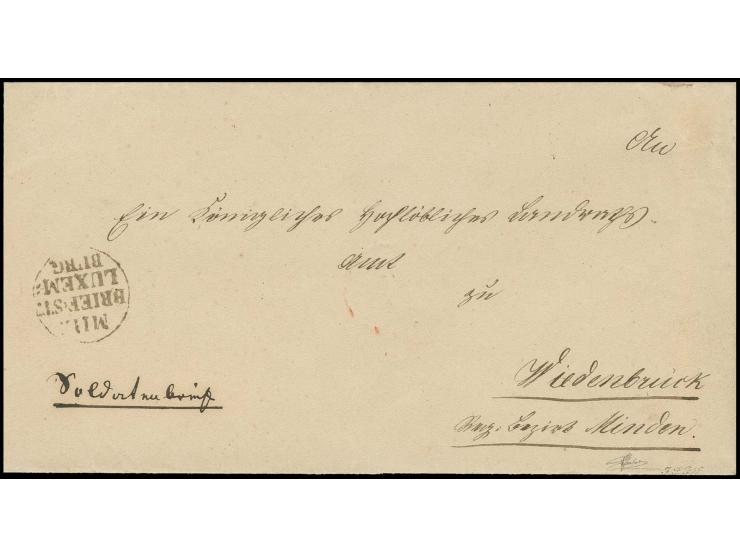  "MIL.=BRIEF=ST.LUXEM=BURG", EKr. in schwarz sauber auf Briefhülle mit handschriftlichem Vermerk "Soldatenbrief" nach Wiedenb