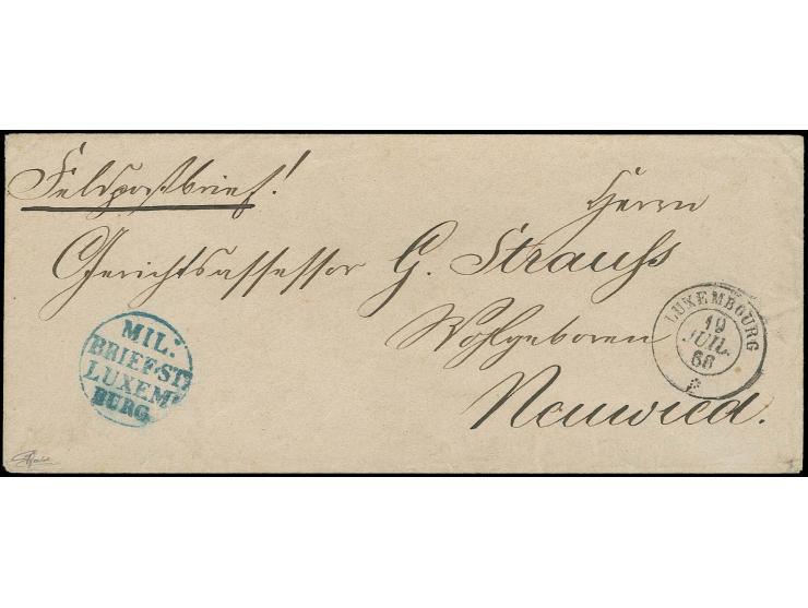  "MIL:BRIEF. ST:LUXEM:BURG", EKr. in blau auf "Feldpostbrief" mit DKr. "LUXEMBOURG 19 JUIL. 66" nach Neuwied mit Ausgabestemp
