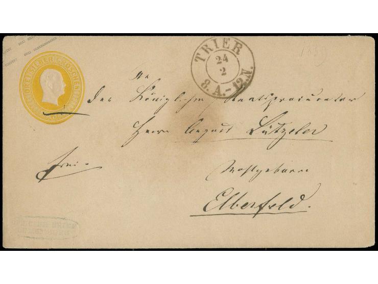  "OFFICIER BRIEF LUXEMBURG", kleiner Ovalstempel auf Ganzsachenumschlag 3 Sgr. mit nebengesetztem DKr. "TRIER 24 2" nach Elbe