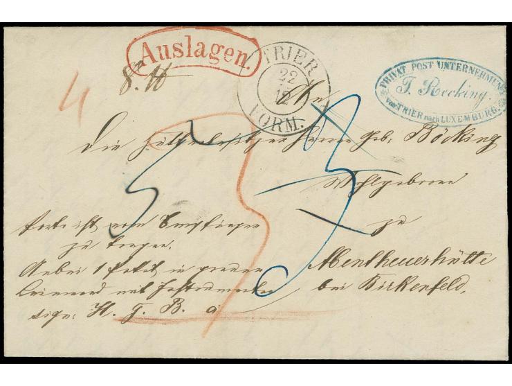  "PRIVAT POST UNTERNEHMEN VON TRIER nach LUXEMBURG J. Recking.", Ovalstempel in blau alleine auf Auslagen-Paketbegleitbrief m