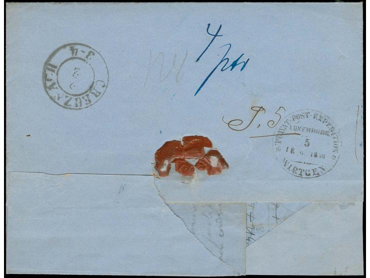  "PRVAT-POST-EXPEDITION WIRTGEN / LUXEMBURG 5 FEB 1859", sauberer Abschlag rückseitig auf Paketbegleitbrief von "MAINZ 1 2 18