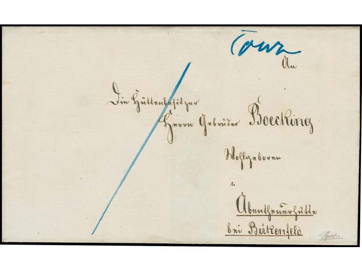  "Conz", handschriftlich auf Briefhülle mit rückseitigem Siegelstempel der Bundesfestung mit Bahnpost "TRIER / BINGERBRÜCK" n