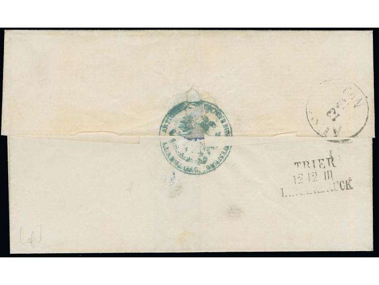  "Conz", handschriftlich auf Briefhülle mit rückseitigem Siegelstempel der Bundesfestung mit Bahnpost "TRIER / BINGERBRÜCK" n