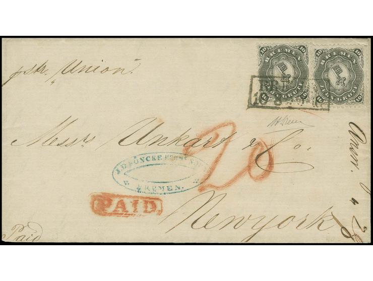  VEREINIGTE STAATEN: 1866/67, 10 Grote schwarz, 2 Einzelwerte, farbfrisch und ausgabetypisch gezähnt mit klarem Ra2 "BREMEN 1