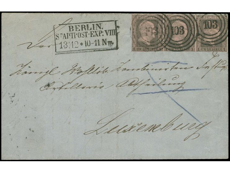  1850, 1 Sgr. auf rosa im waagerechten 3er-Streifen, schmalrandig bis berührt mit klarer Nr. "103" und nebengesetztem Ra3 "BE