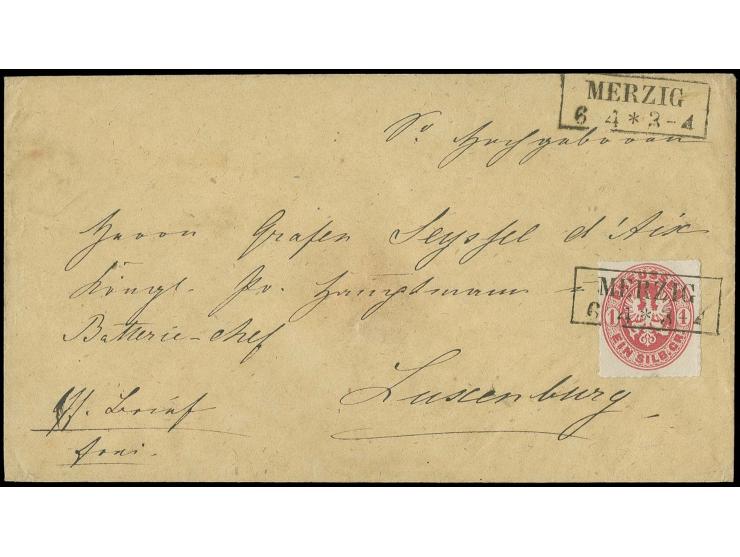 1861 (ca.), Brief von "MERZIG 6 4" frankiert mit Wappen 1 Sgr. rosa mit (bedeutungslosem) Vermerk "Off. Brief frei" an einen 