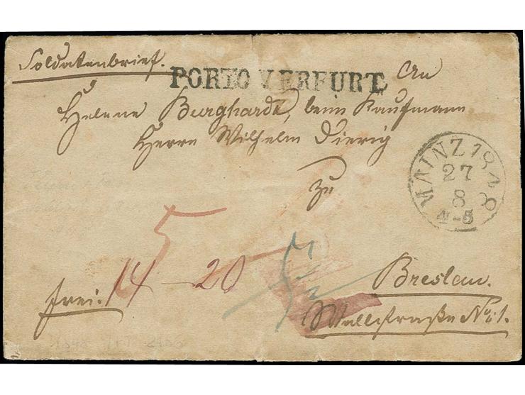  1848, kpl. "Soldatenbrief" mit Fingerhutstempel "MAINZ 27 8 1848" nach Breslau, wahrscheinlich wegen fehlender Angabe der Ei