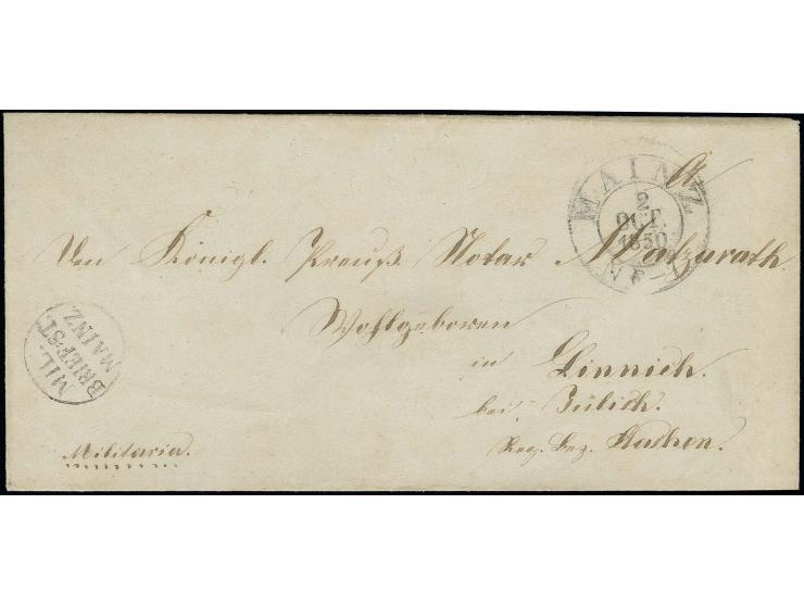  "MIL. BRIEF=ST. MAINZ", EKr. sauber auf 'Militaria'-Briefhülle mit DKr. "MAINZ 20 OCT. 1850" nach Linnich mit rückseitiger A