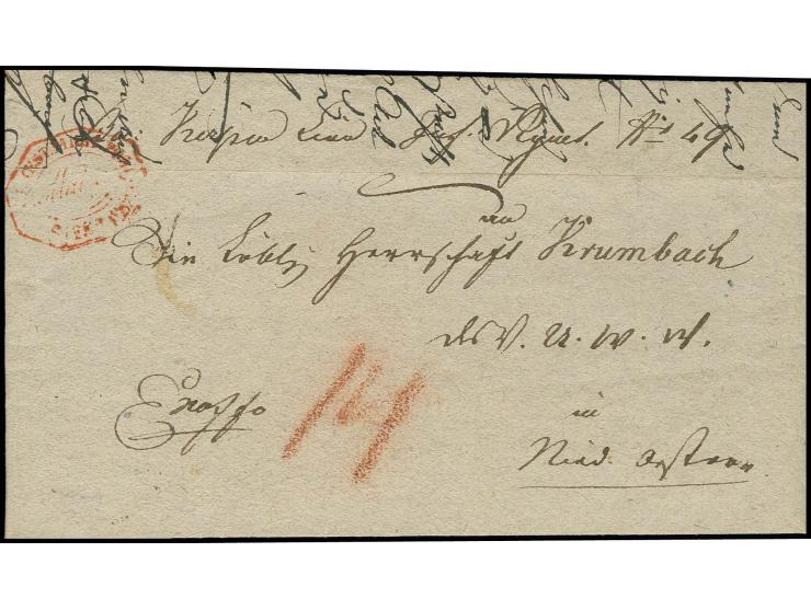 Österreichisches Kontingent: 1822, "K.K. OEST. MILT. POST / Mainz ... FEB. 1822", roter Achteck-Stempel auf kpl. Dienstbrief 
