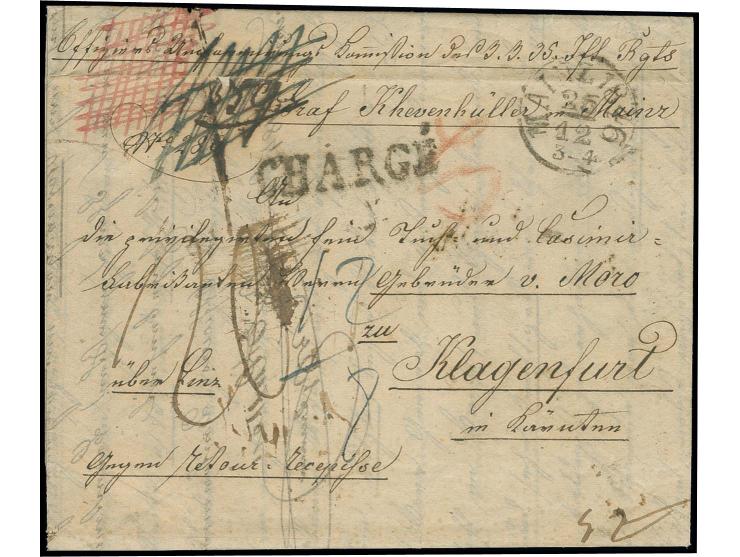  1846, kpl. Chargé-Brief "gegen Retour-Recepisse" mit EKr. "MAINZ 25/12 1846" mit innenliegendem Stoffmuster von der 'Offizie