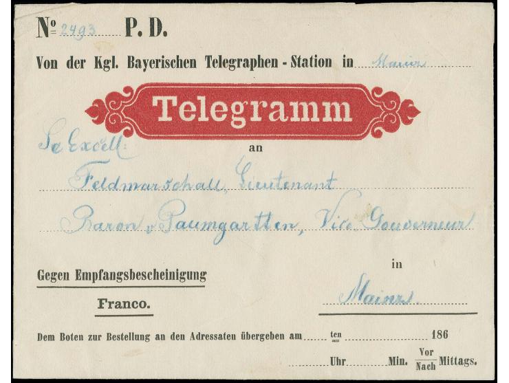 Bayerisches Kontingent: Telegramm-Umschlag der königlich bayerischen Telegraphen-Station in Mainz mit rückseitigem papiergede