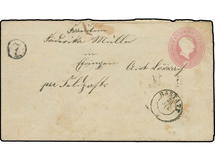 Baden Ganzsachenumschlag 3 Kr. mit nebengesetztem DKr. "RASTATT 30 JUL." und Uhrradstempel "7" mit handschriftlichem Vermerk 