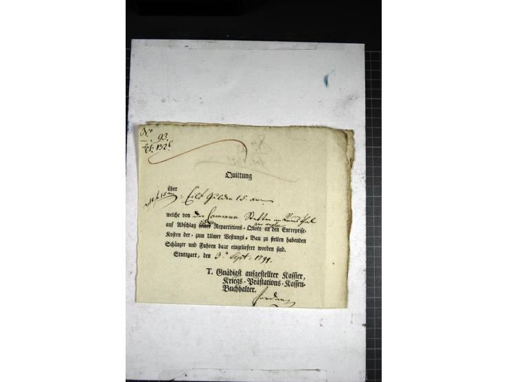  1799, Quittung über 4 Gulden 15 Kreuzer Abschlag zur Kostenbeteiligung am Ulmer-Festungsbau vom Kriegs-Prästations-Kassen-Bu