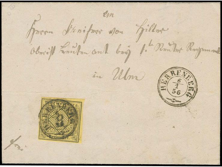  1856, kpl. Brief mit 1851, 3 Kr. gelb mit EKr. HERRENBERG 6/1 56" an einen Oberstleutnant des 1. Reiter-Regiments in Ulm; un