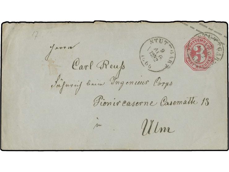  1866, Ganzsachenumschlag 3 Kr. mit EKr. "STUTTGART 9 AUG. 1866" an einen Fähnrich beim Ingenieur-Corps in der Pionier-Kasern