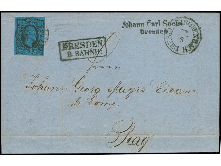  1852, 2 Ngr. auf dunkelblau, voll- bis überrandig mit Gitterstempel und nebengesetztem EKr. "DRESDEN-BODENBACH 29/8" sowie A