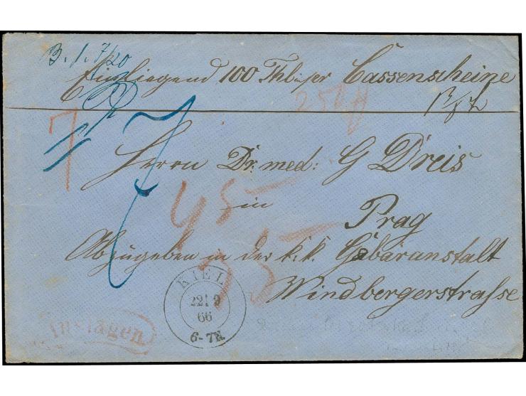 "KIEL 22.9.66", DKr. klar auf Wertbrief über 100 Thaler Kassenscheine nach Prag, vorderseitig roter Nierenstempel "Auslagen",