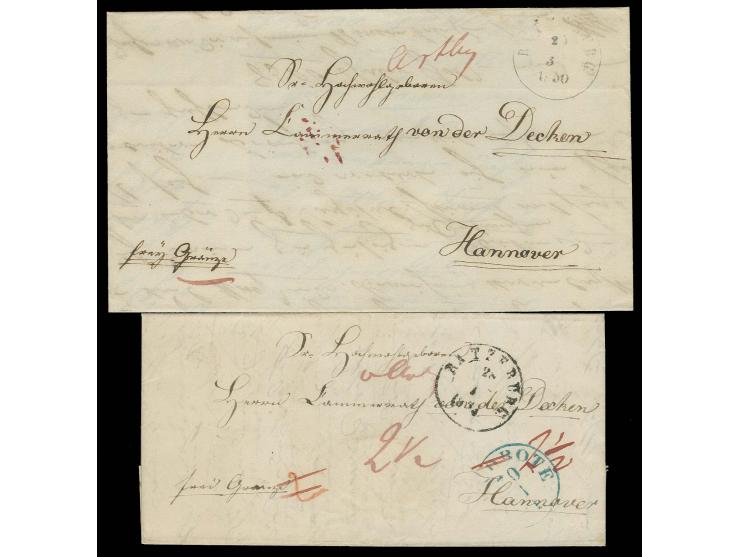  "RATZEBURG 25 3 1850", 1 1/2 Kreis-Stempel auf kpl. Faltbrief über Lauenburg nach Hannover, links unten vermerkt "frey Grenz