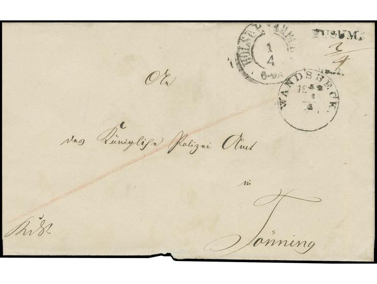 "WANDSBECK 1.4.1852", EKr. auf Faltbriefhülle als Dienstsache mit Transitstempel DKr. "HOLST. P.A. HAMBURG 1.4. 6-9A" sowie L