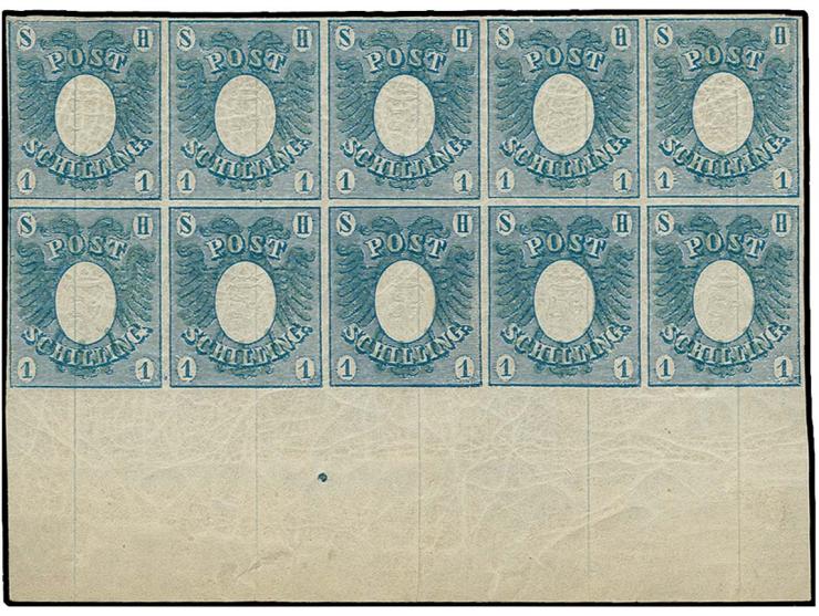 1850, 1 s. blau, allseits vollrandiger,  waagerechter 10er-Block mit vollem, unteren Bogenrand und gut geprägtem Wappen (leic