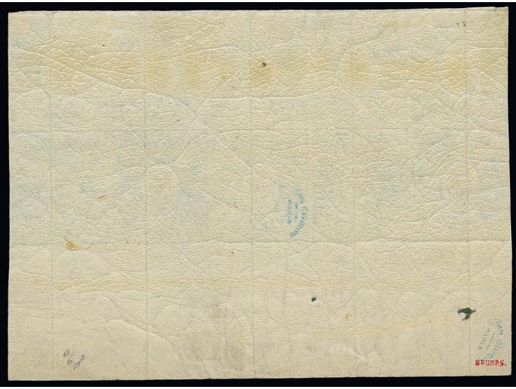 1850, 1 s. blau, allseits vollrandiger,  waagerechter 10er-Block mit vollem, unteren Bogenrand und gut geprägtem Wappen (leic
