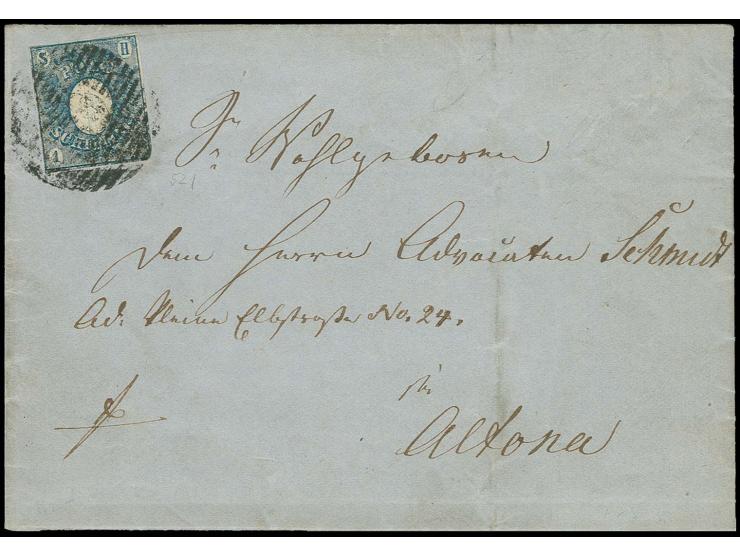 1850, Wappenausgabe 1 Sch. blau, in der rechten unteren Ecke und am Oberrand ganz gering berührt, sonst voll- bis meist breit