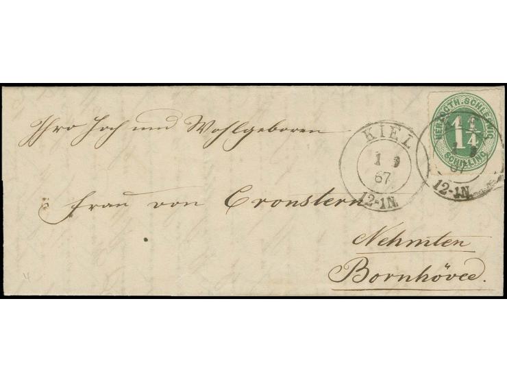 1 1/4  S. grün mit DKr. "KIEL 1 9 67 " auf kleinem Faltbrief nach Nehmten bei Bornhöved, die Marke war seit dem 31.10.1865 ni