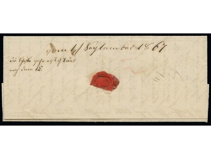 1 1/4  S. grün mit DKr. "KIEL 1 9 67 " auf kleinem Faltbrief nach Nehmten bei Bornhöved, die Marke war seit dem 31.10.1865 ni