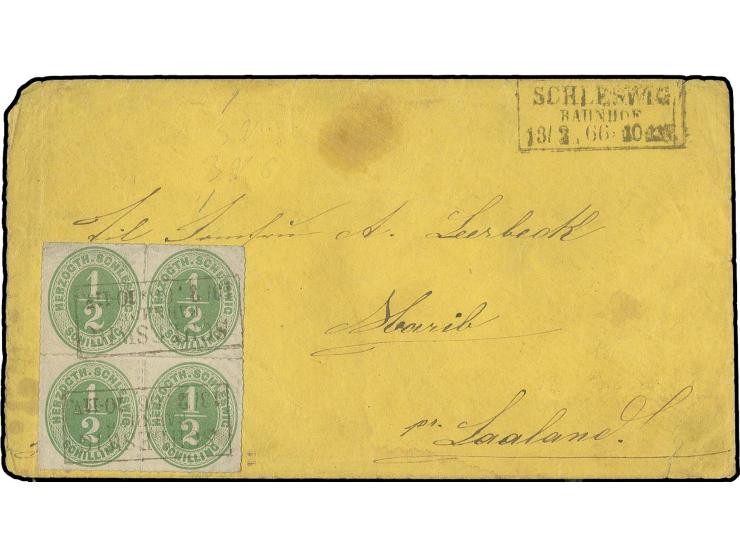 1865/67, ½ Sch. grün im 4er-Block, farbfrisch und gut durchstochen mit Ra3 "SCHLESWIG BAHNHOF 13/2 66" auf gelbem Briefkuvert