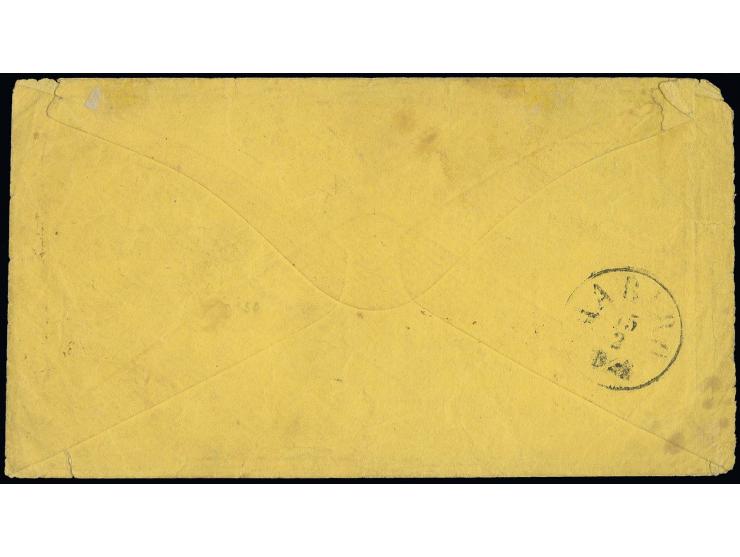 1865/67, ½ Sch. grün im 4er-Block, farbfrisch und gut durchstochen mit Ra3 "SCHLESWIG BAHNHOF 13/2 66" auf gelbem Briefkuvert