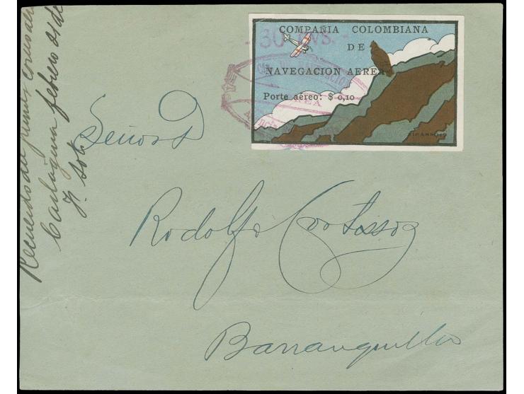 'Condor on Cliff' 10 c. with additional surcharge " - 30 CVS. -", tied by fancy oval cachet "Cia de Navegacion Aerea Agencia 