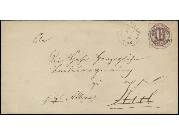 1865, 1 1/4 S. bräunlichlila mit Ekr. "KALTENKIRCHEN 8 6 66" auf Brief nach Kiel an die "Hohe Herzogliche Landesregierung zu 