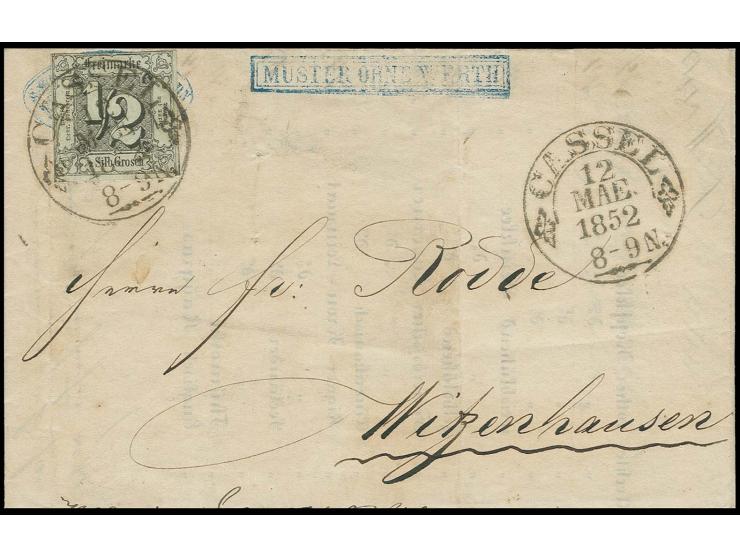 1852, ½ Sgr. auf olivgrau, farbfrisch und in gutem Taxis-Schnitt mit klarem Stempel "CASSEL 12 MAE 1852" auf Warenprobe im Na