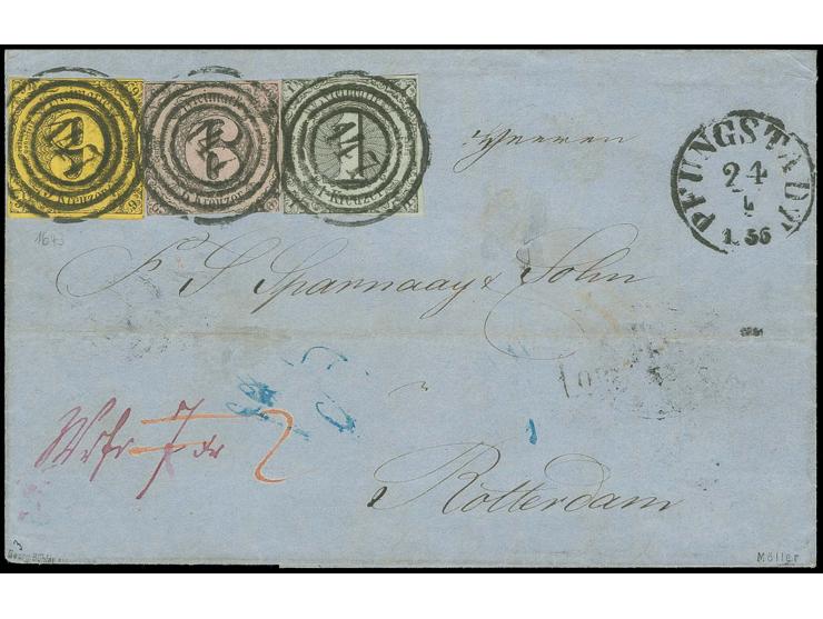 1 Kr. auf olivgrau, 6 Kr. auf rosa und 9 Kr. auf gelb, alle überdurchschnittlich gut gerandet mit jeweils klarer Nr. "147" au