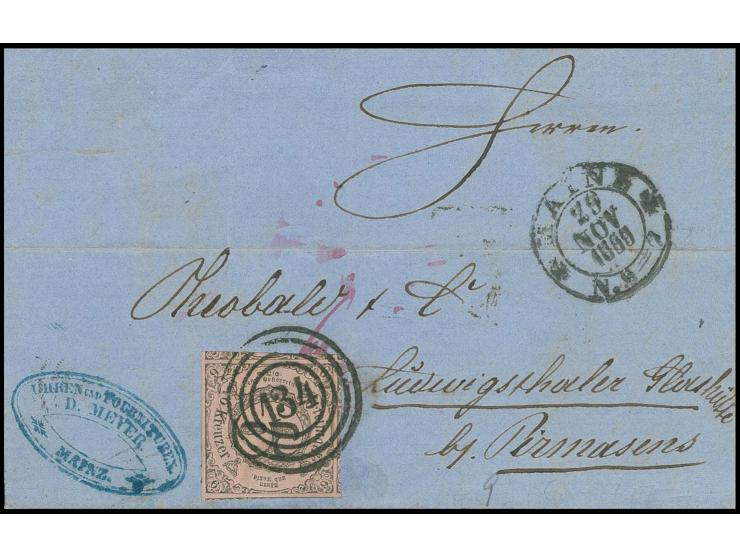6 Kr. auf lebhaftgraurot, allseits breit- bis überrandig, dreiseitig mit Teilen von 5 Nachbarmarken, mit klarer Nr. "134" und