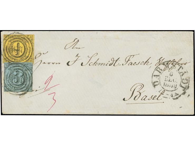 9 Kr. auf maisgelb, soweit sichtbar voll- bis überrandig mit leicht berührter 3 Kr. auf hellblau, mit Nr. "104" und nebengese