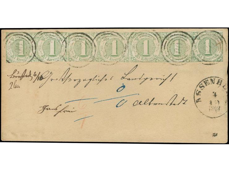  1859/61, 1 Kr. grün, waagerechter 6er-Streifen und Einzelstück mit Nr. "90" und nebengesetztem EKr. "ASSENHEIM 4 10 1862" au