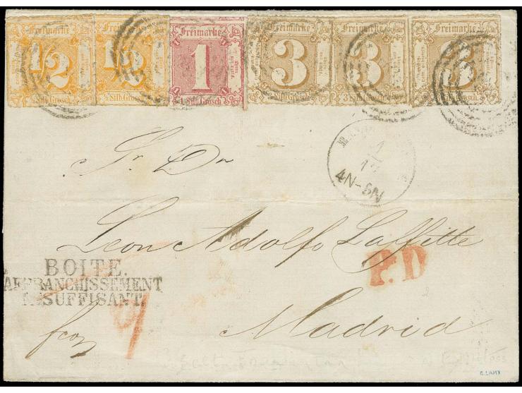 1865, farblos durchstochen: ½ Sgr. orange, 2 Einzelwerte mit 1 Sgr. karminrot und 3 Einzelwerten 3 Sgr. braun, alle farbfrisc