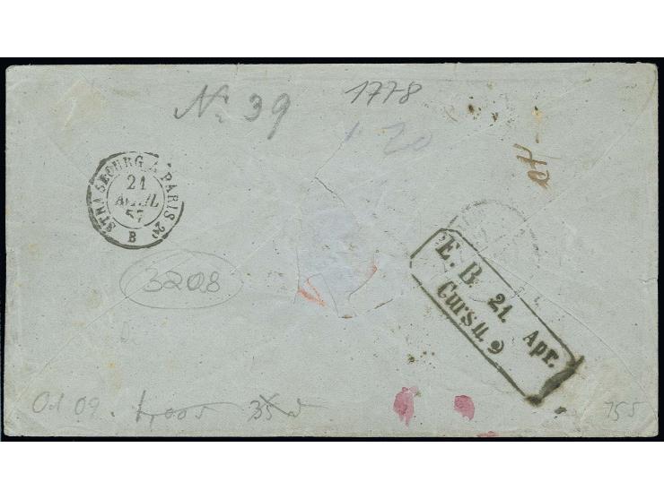 9 Kr. auf rosa, allseits breitrandig mit Kr. "STUTTGART 21 APR. 1857" auf Briefkuvert über badische Bahnpost nach Paris mit k