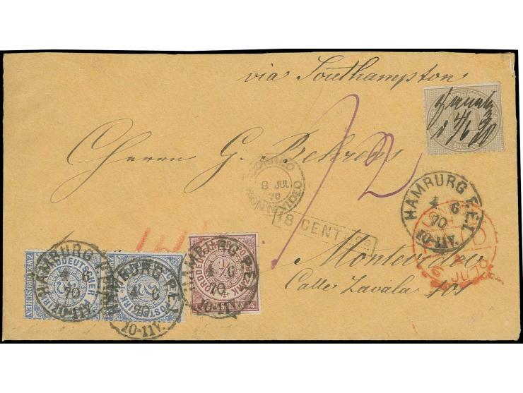 ¼ Gr. braunviolett und 1869, 2 Gr. grauultramarin im senkrechten Paar und 10 Gr. gelblichgrau mit EKr. "HAMBURG P.E.1. 4 6 70