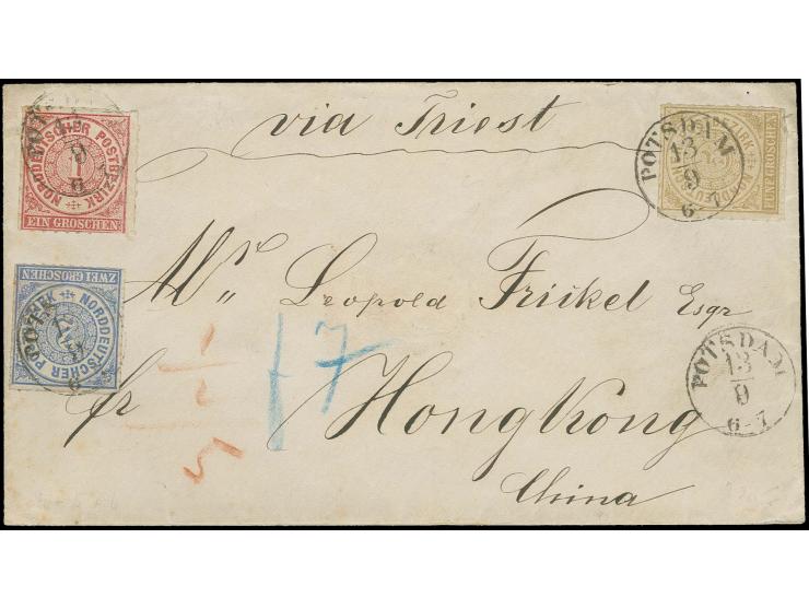 1 Gr. karmin, 2 Gr. grauultramarin und 5 Gr. ockerbraun mit Preußen-EKr. "POTSDAM 13/9" auf Brief via Triest nach Hongkong mi