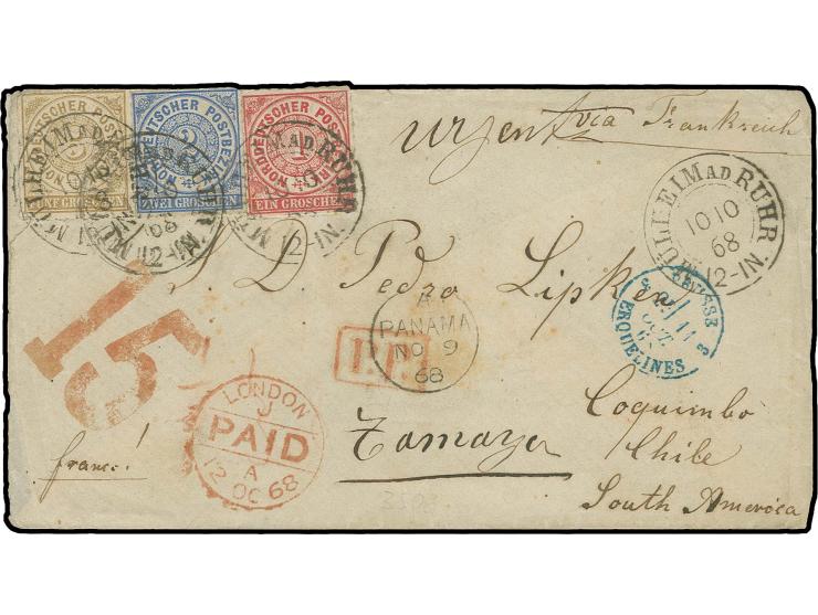 1 Gr. karmin, 2 Gr. grauultramarin und 5 Gr. ockerbraun mit Preußen-DKr. "MÜLHEIM A.D. RUHR 10 10 68" auf Brief via Frankreic