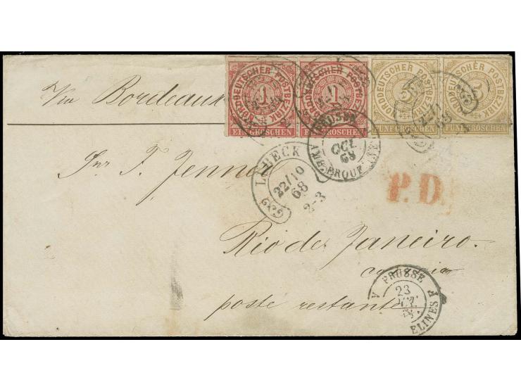 1 Gr. karmin im waagerechten Paar und 5 Gr. ockerbraun (2) mit Hufeisenstempel "LÜBECK 22/10 68" (Spalink-Nr. 22-2) auf Brief
