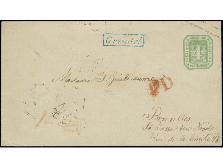 BELGIEN: 1867, Ganzsachenumschlag 4 Schilling grün, rückseitig einmal mit Fehldruck "VEIR SCHILLING", mit nebengesetztem blau